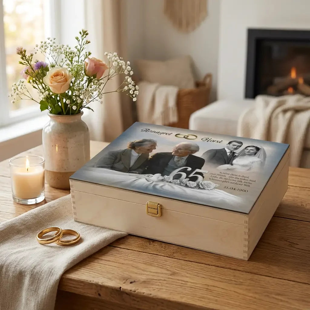 Personalisierte Holzbox zur Eisernen Hochzeit mit Foto eines älteren Paares, Gravur und Ringen