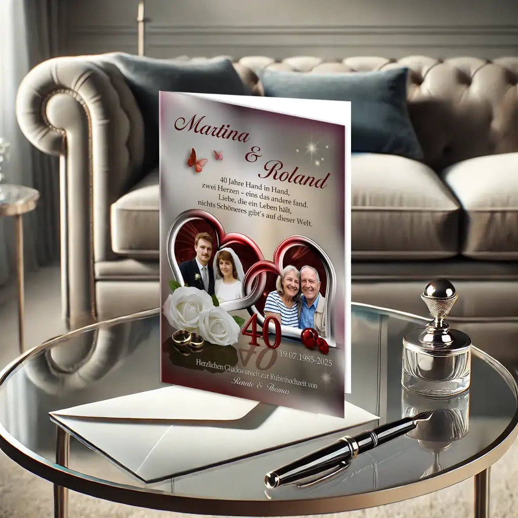 Rubinhochzeit Glückwunschkarte mit Fotos, weißen Rosen, Eheringen, und der Zahl 40 auf Glastisch.