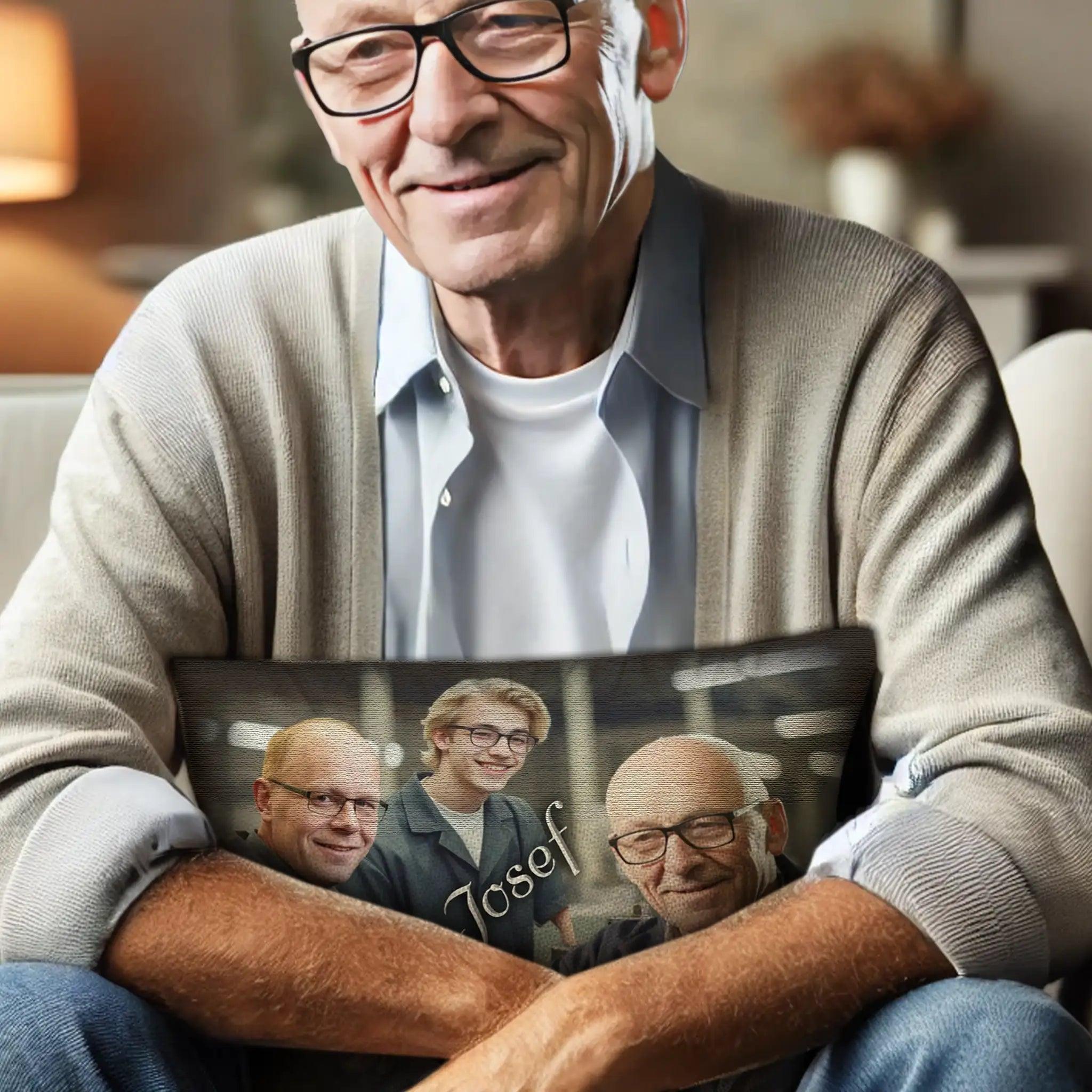 Älterer Mann auf Sofa hält Kissen mit Familienfoto und Name Josef, Wohnzimmer-Deko