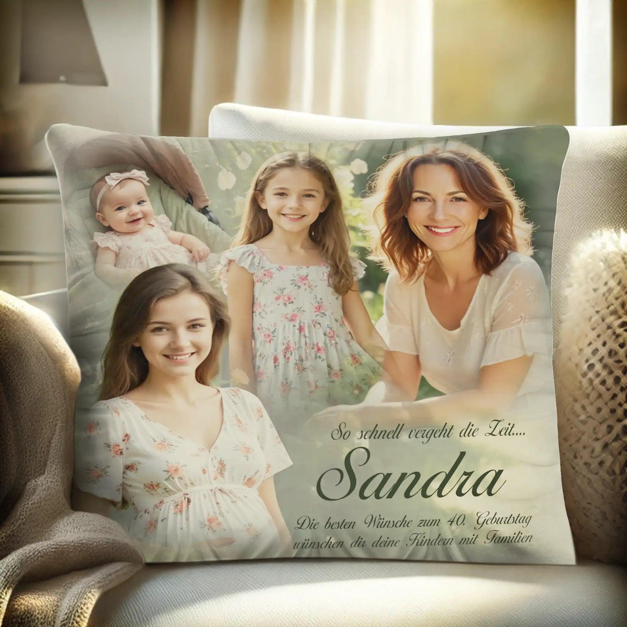 Personalisiertes Geburtstagskissen mit Familienfoto und Glückwunsch für Sandra, Wohnzimmerdeko