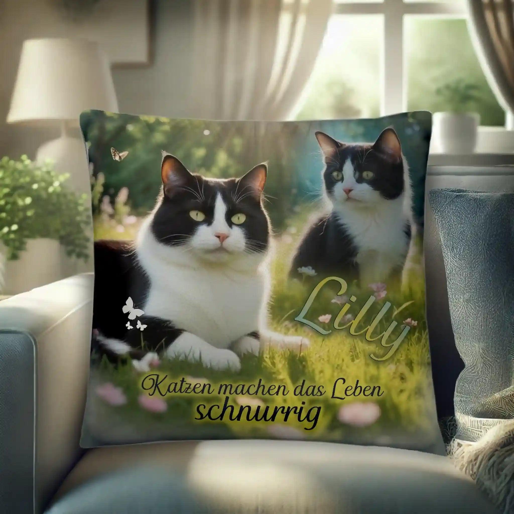Zierkissen mit Fotodruck von schwarz-weißen Katzen, Text "Katzen machen das Leben schnurrig", Wohnzimmer