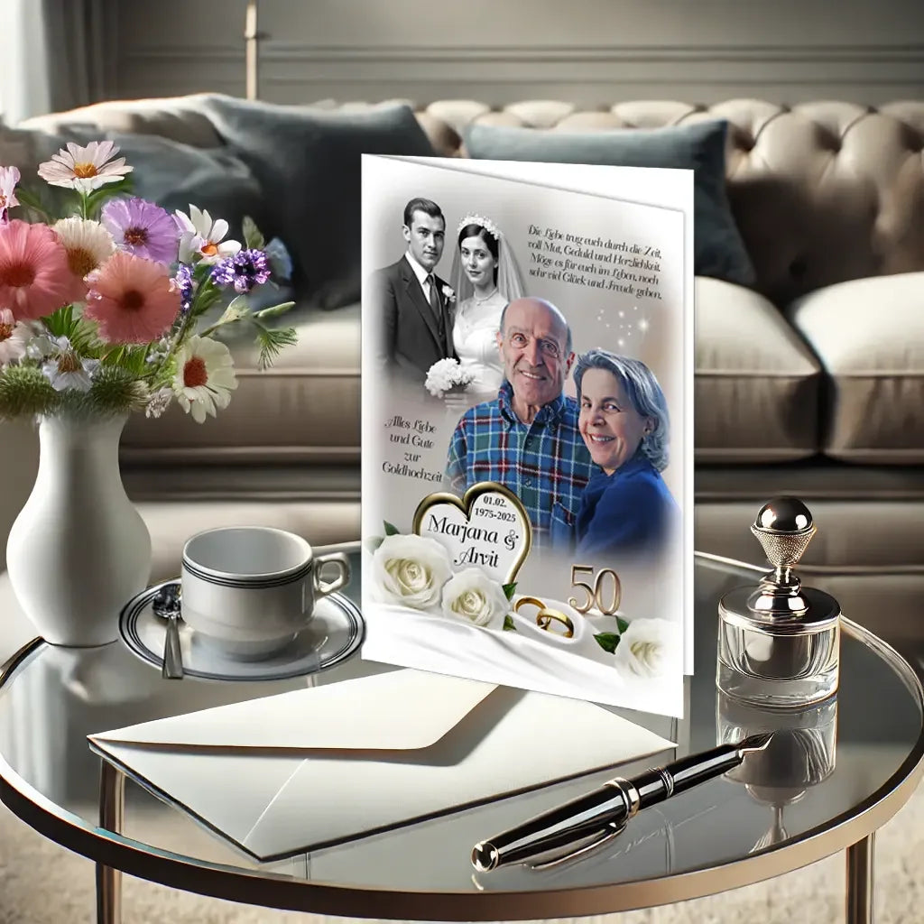 Personalisierte Goldhochzeit Karte mit Paar, weißen Rosen und 50 Jahre Jubiläum auf einem Tisch