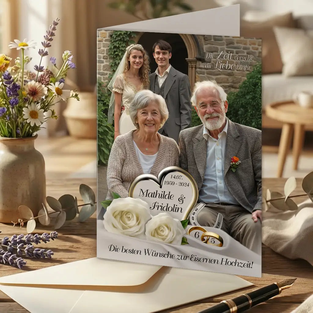 Personalisierte Glückwunschkarte zur Eisernen Hochzeit mit Foto eines älteren Ehepaares, integriertem Hochzeitsbild aus jungen Jahren, Namen Mathilde und Fridolin, Datum 14.07.1959–2024, Herzmotiv mit goldenen Ringen, weißer Rose und dem Schriftzug „Die Zeit vergeht, die Liebe bleibt“, liebevoll arrangiert auf Holztisch mit Blumen und Umschlag.