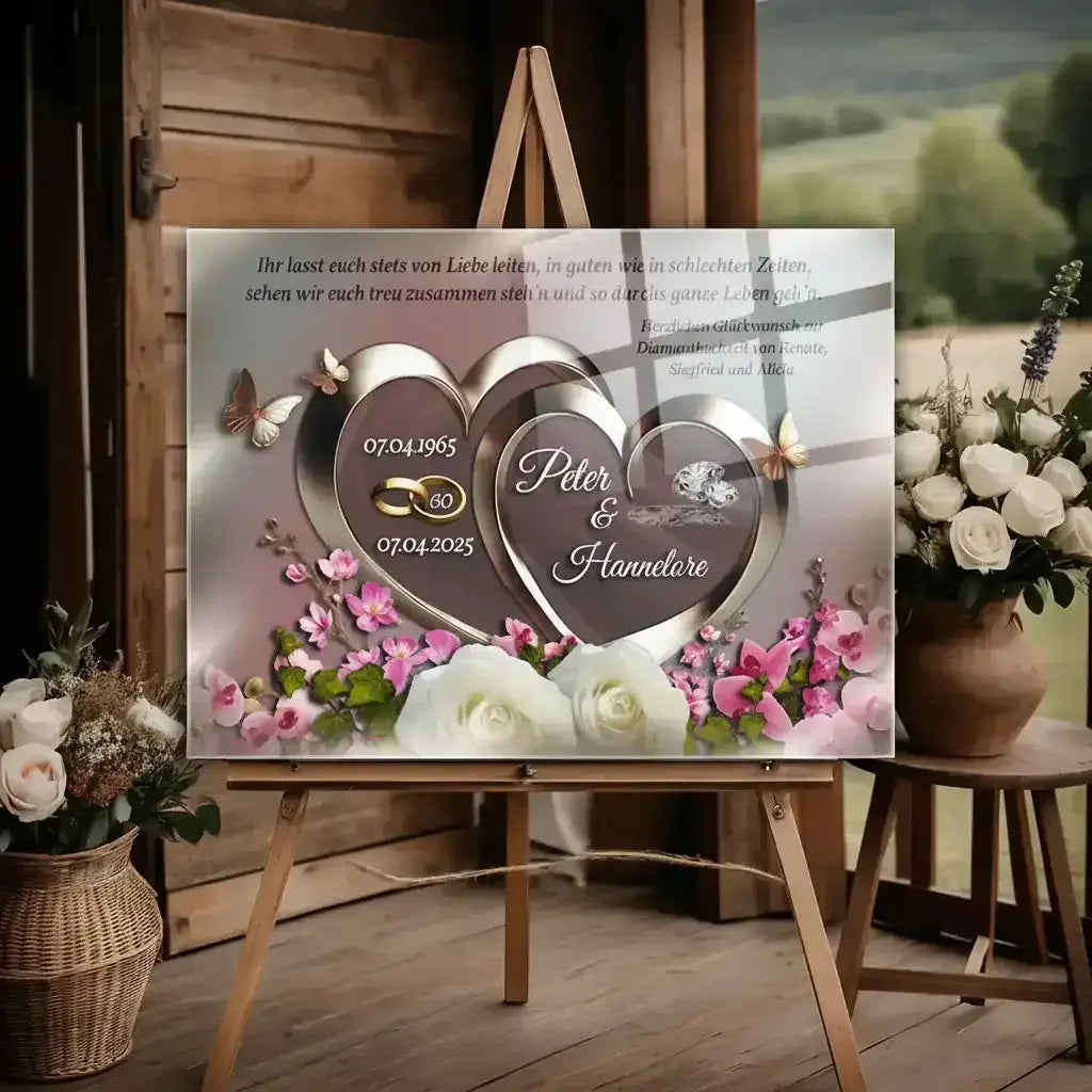 Geschenk - personalisiertes Herzmotiv für Acrylglasbilder mit Daten von Peter und Hannelore.