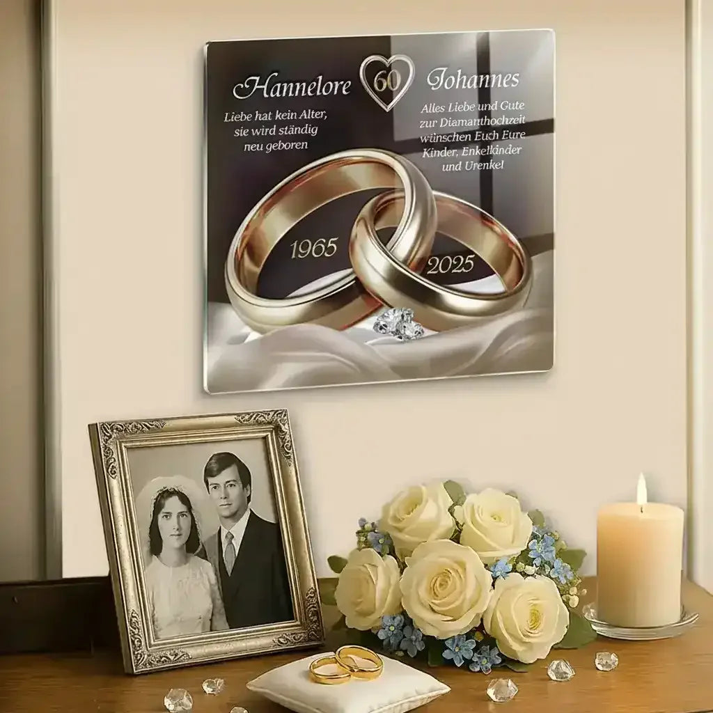 Geschenk - Personalisierte Acrylglasbilder mit Eheringen zur Diamanthochzeit für Hannelore und Johannes.