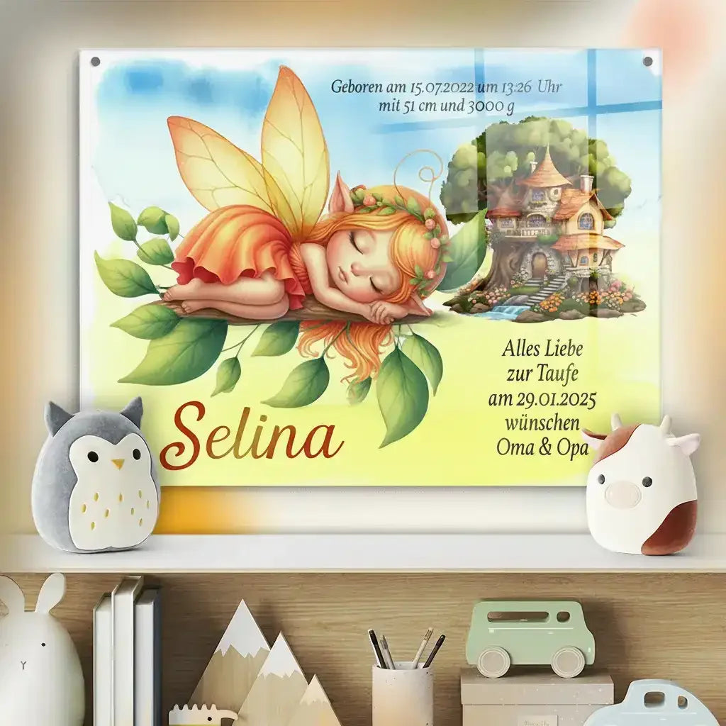 Geschenk - personalisierte Motive für Acrylglasbilder mit feenhafter Gestaltung und Daten zur Taufe von Selina.