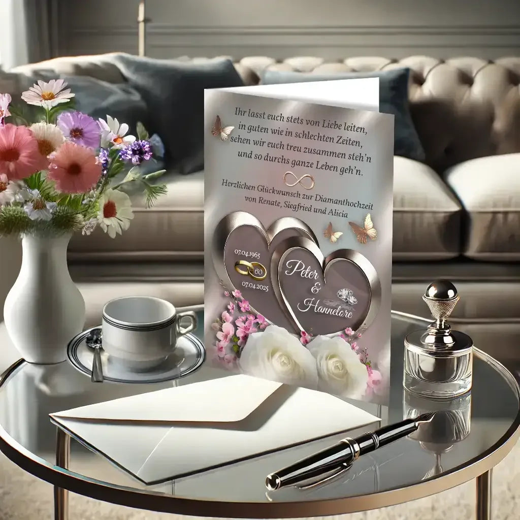Edle Diamanthochzeit Karte mit Herzmotiv und Blumen auf einem Tisch, daneben Blumenstrauß, Kaffeetasse und Briefumschlag.