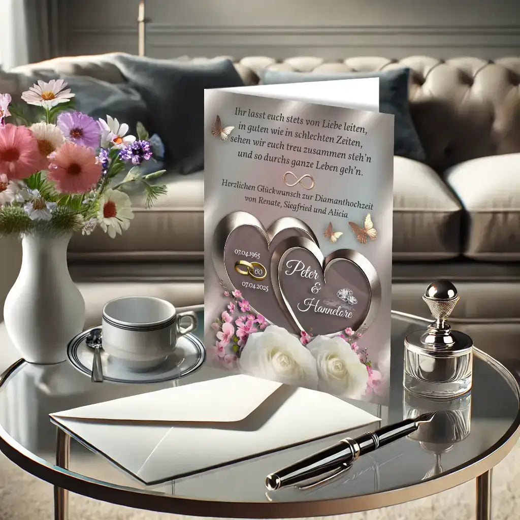 Edle Diamanthochzeit Karte mit Herzmotiv und Blumen auf einem Tisch, daneben Blumenstrauß, Kaffeetasse und Briefumschlag.