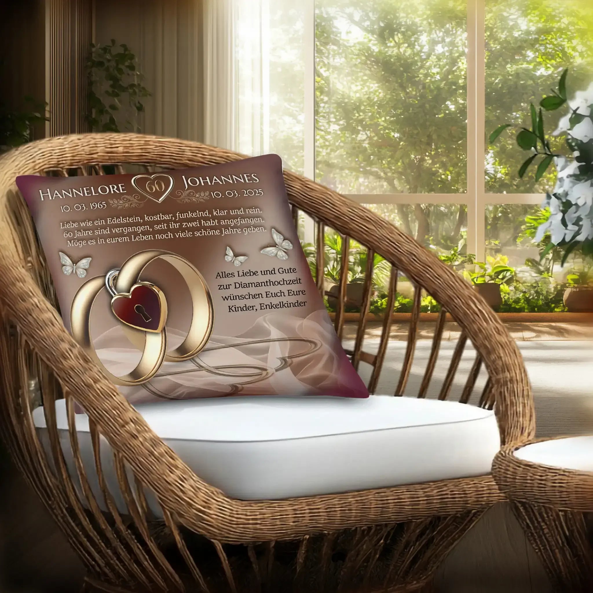 Personalisierte Diamanthochzeit Kissen mit Ringen und Text auf Sessel, Wintergarten im Hintergrund