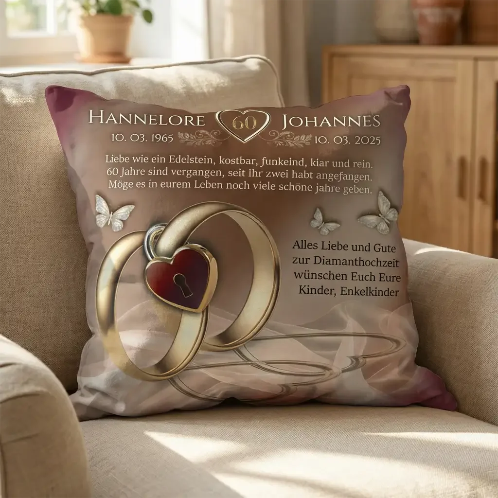 mockup für die Diamanthochzeit - Kissen mit Ringen und Herzen. Individuell mit Namen und Text