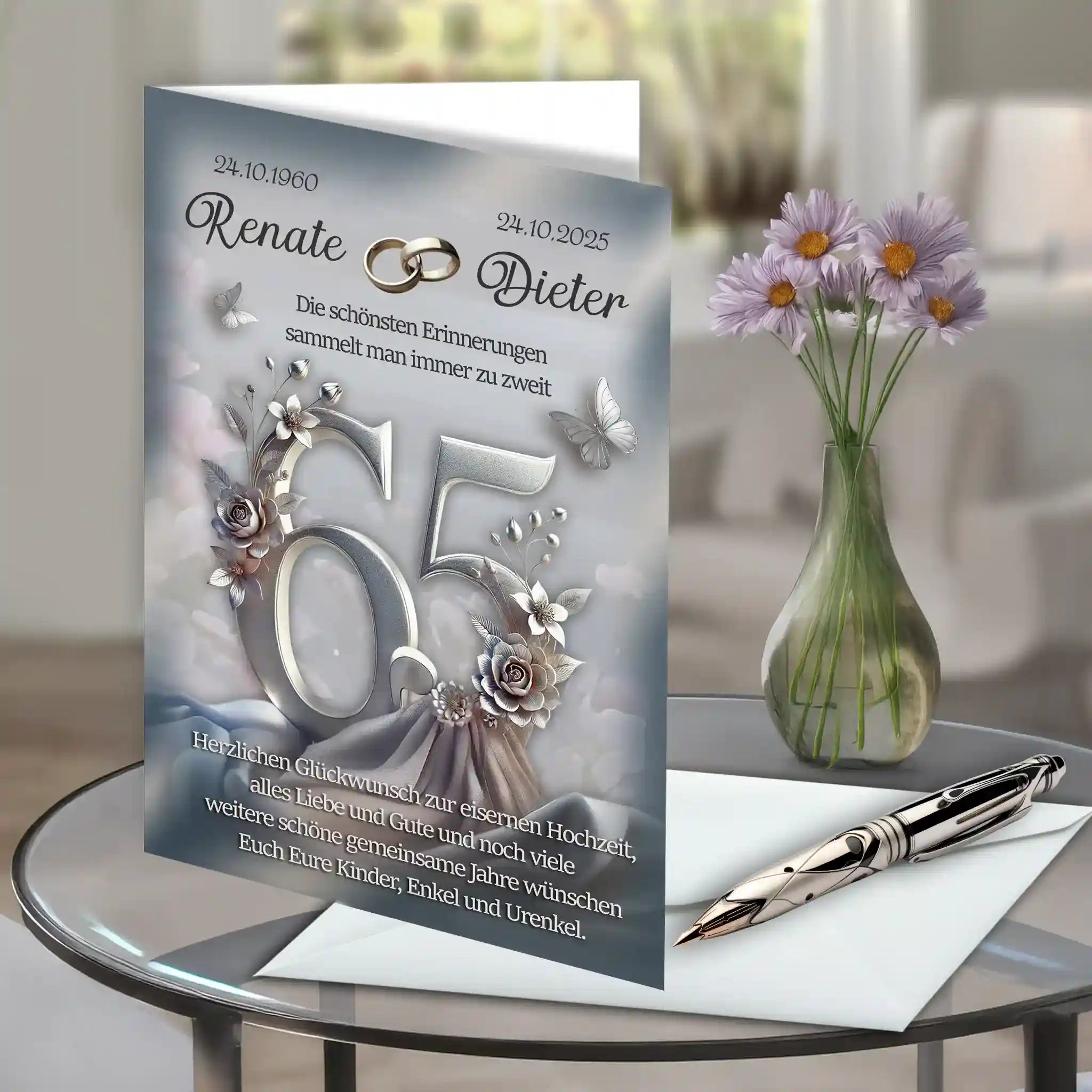 Karte zur Eisernen Hochzeit in Geschenkbox dekorativ inszeniert