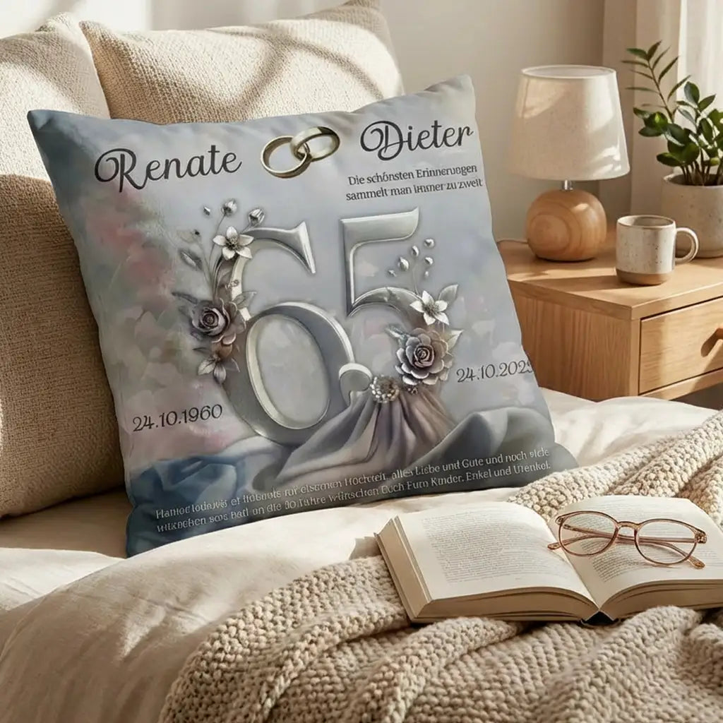 Personalisiertes Kissen zur Eisenhochzeit mit Blumendekor, silbernen Ringen und Jubiläumszahlen 65