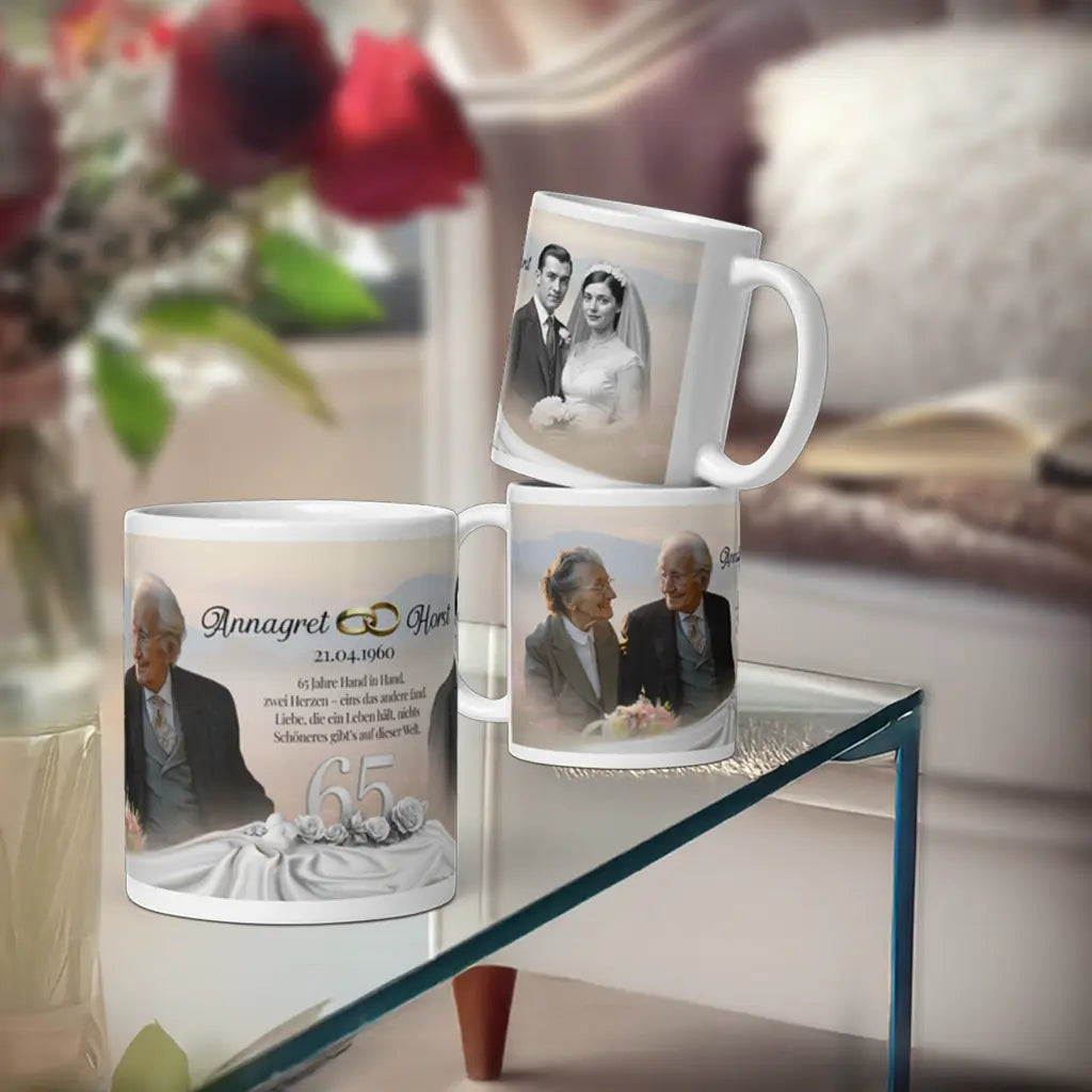 Erinnerungs-Tasse zur Eisernen Hochzeit mit Foto und Herzen