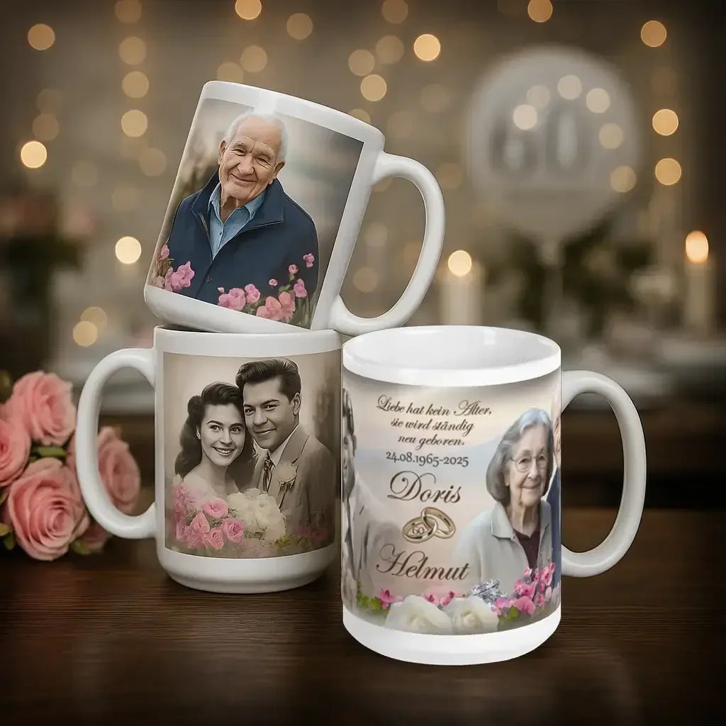 Personalisierte Tassen zur eisernen Hochzeit mit Fotos von Paar, Blumen und Jubiläumsdekor