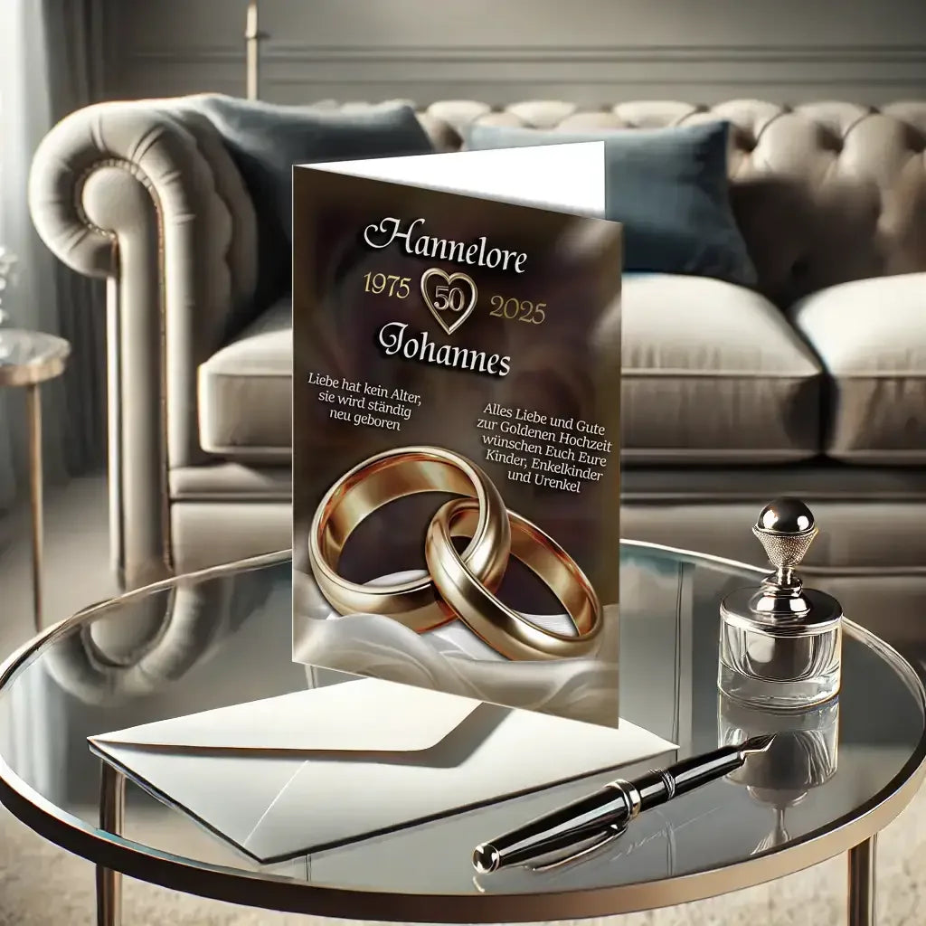 Goldene Hochzeit Karte mit zwei goldenen Ringen auf einem Tisch im eleganten Wohnzimmer