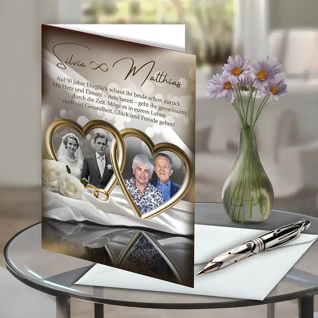 Goldhochzeit Karte mit Herzrahmen und Paarfotos auf Glastisch, Vase mit Blumen, edler Stift