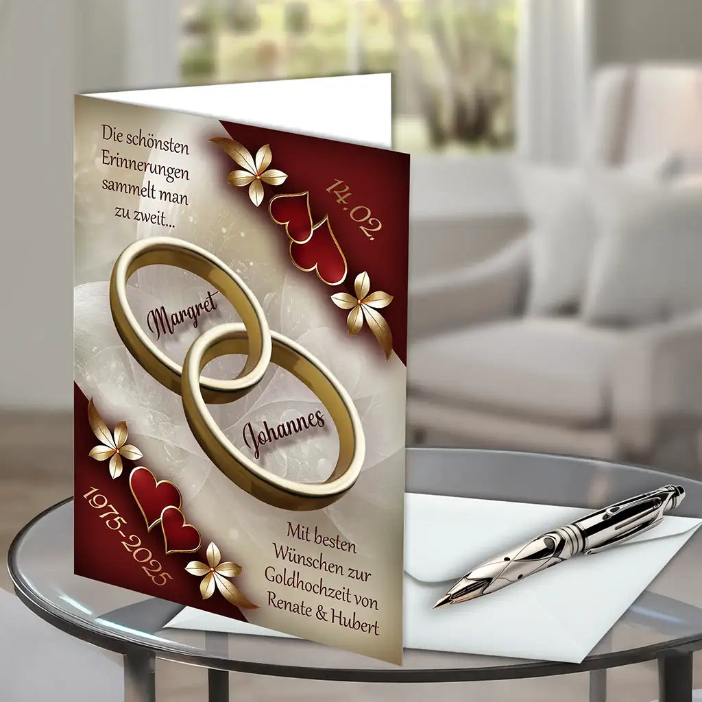 Goldhochzeit Karte mit goldenen Ringen, Blumen und Herzen auf Tisch, Umschlag und Stift
