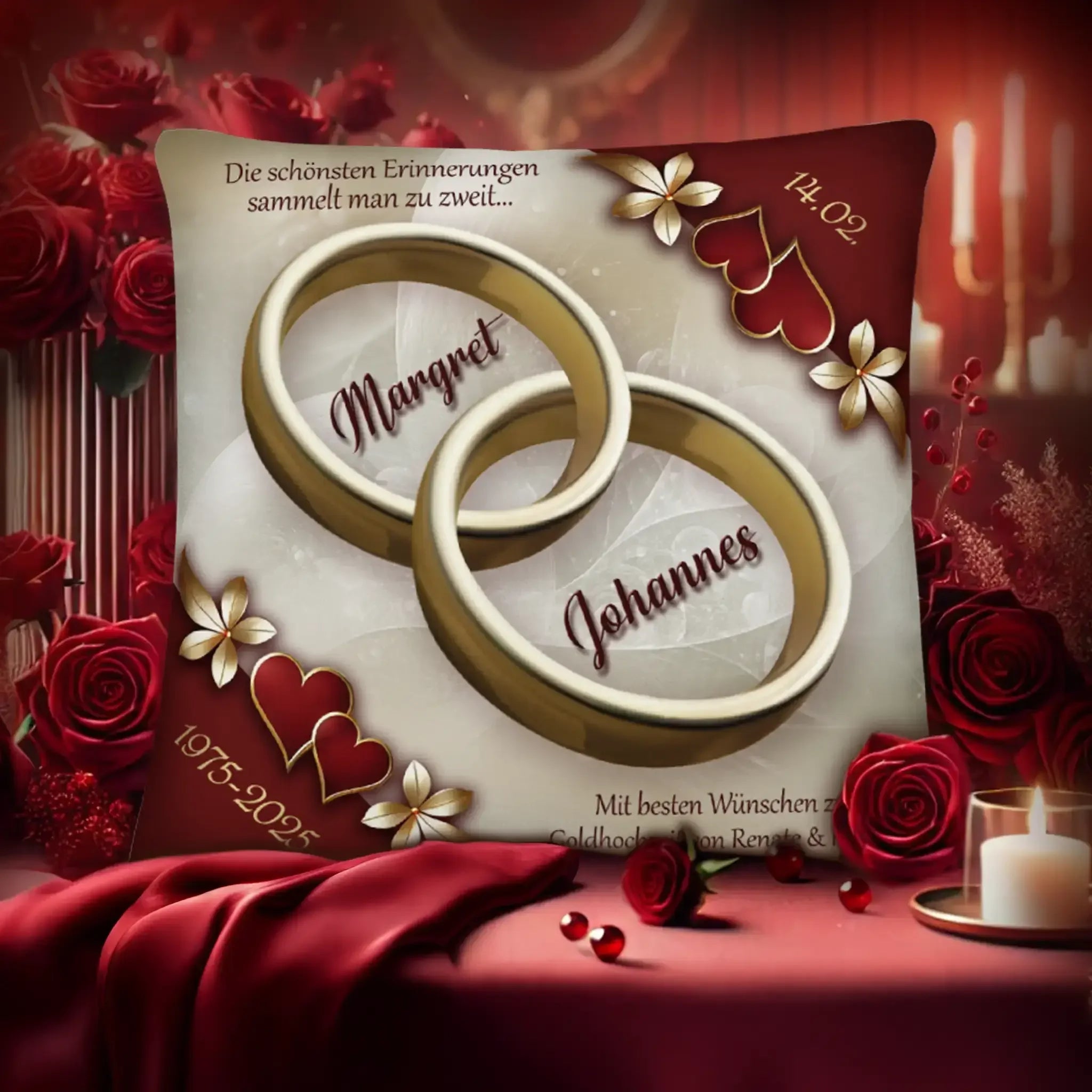 Kissen zur Goldhochzeit mit goldenen Ringen, roten Rosen und romantischer Dekoration.