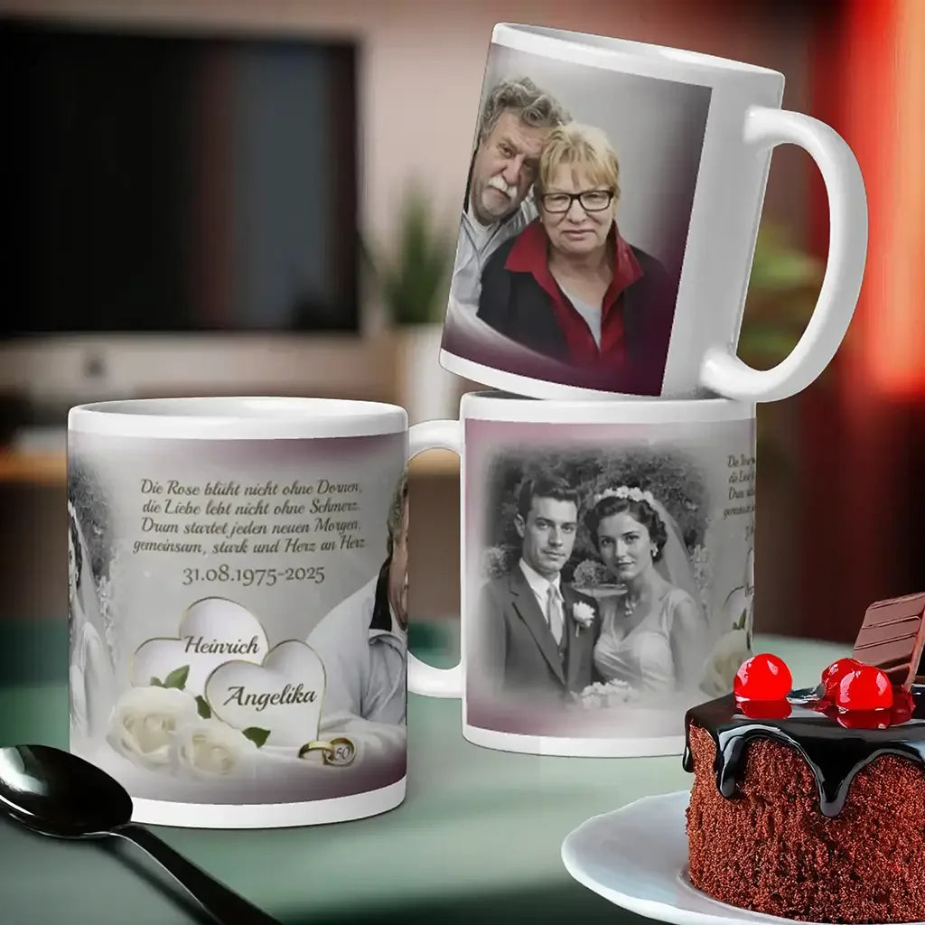 Personalisiert bedruckte Goldhochzeit Tasse mit Fotos eines Paars und Hochzeitsmotiv, Kaffeetasse Geschenk