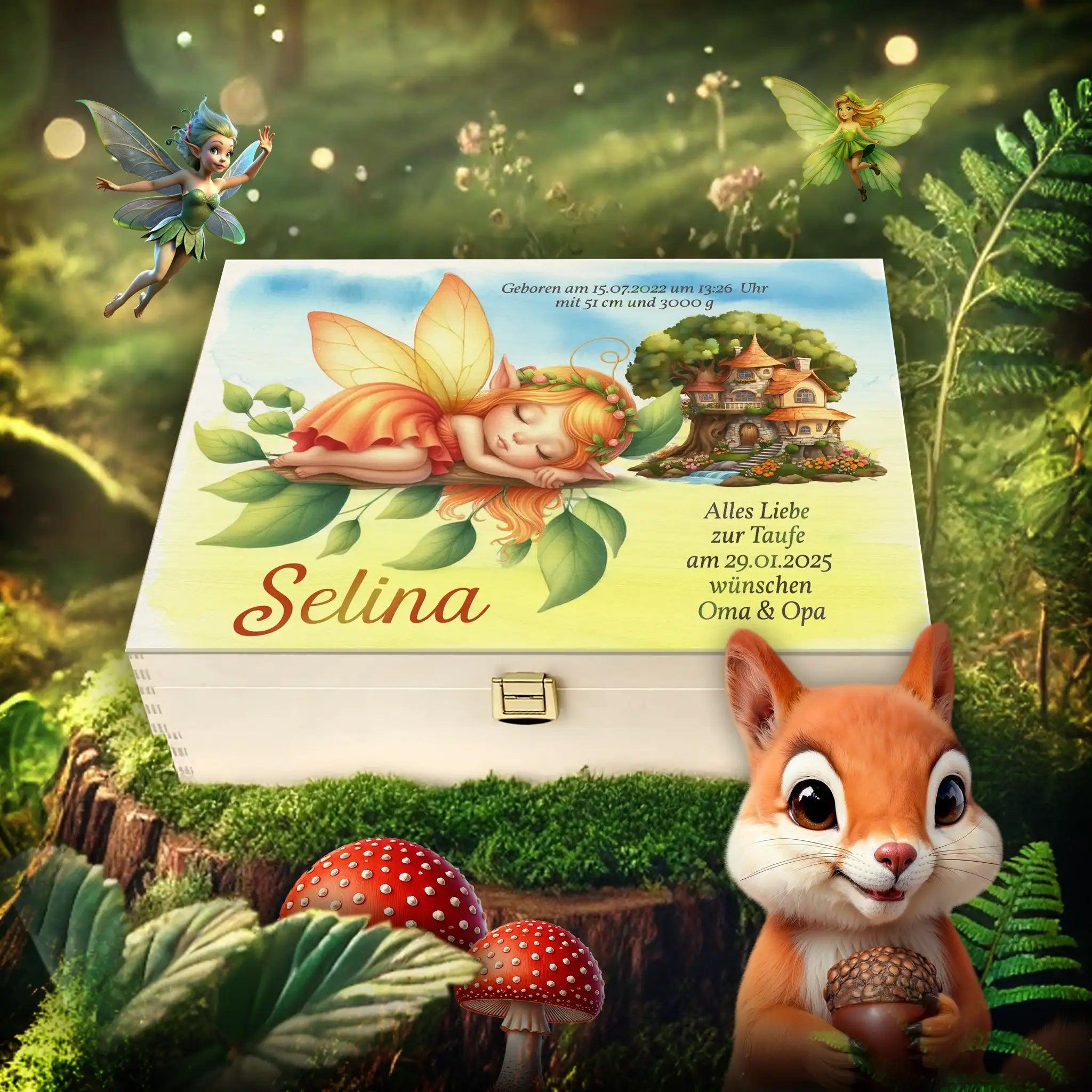 Personalisierte Holzbox mit schlafender Baby-Elfe, Feen, Eichhörnchen und Pilzen im Wald