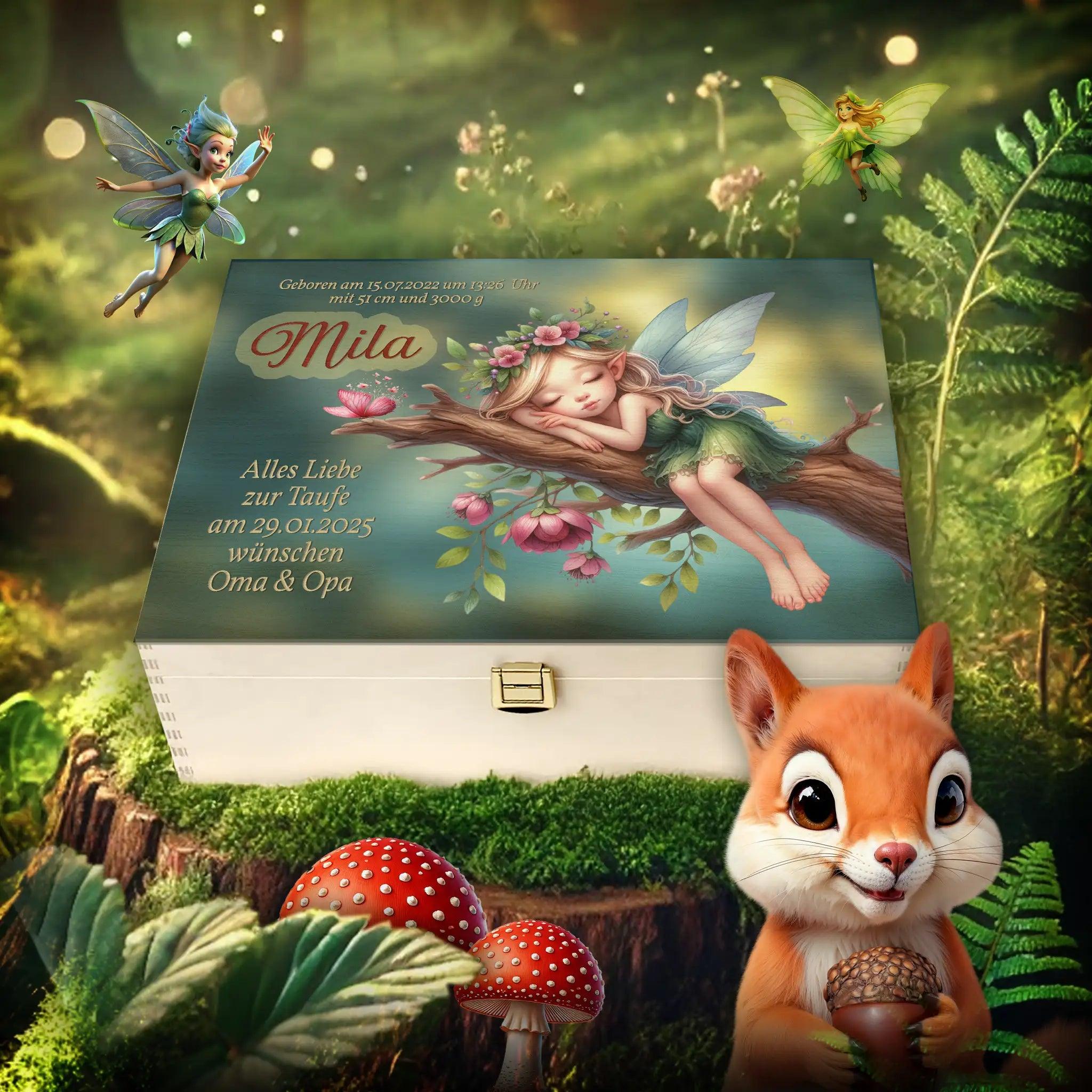 Personalisierte Holzbox zur Taufe mit schlafender Elfe, Walddekor, Eichhörnchen und Feenmotiven