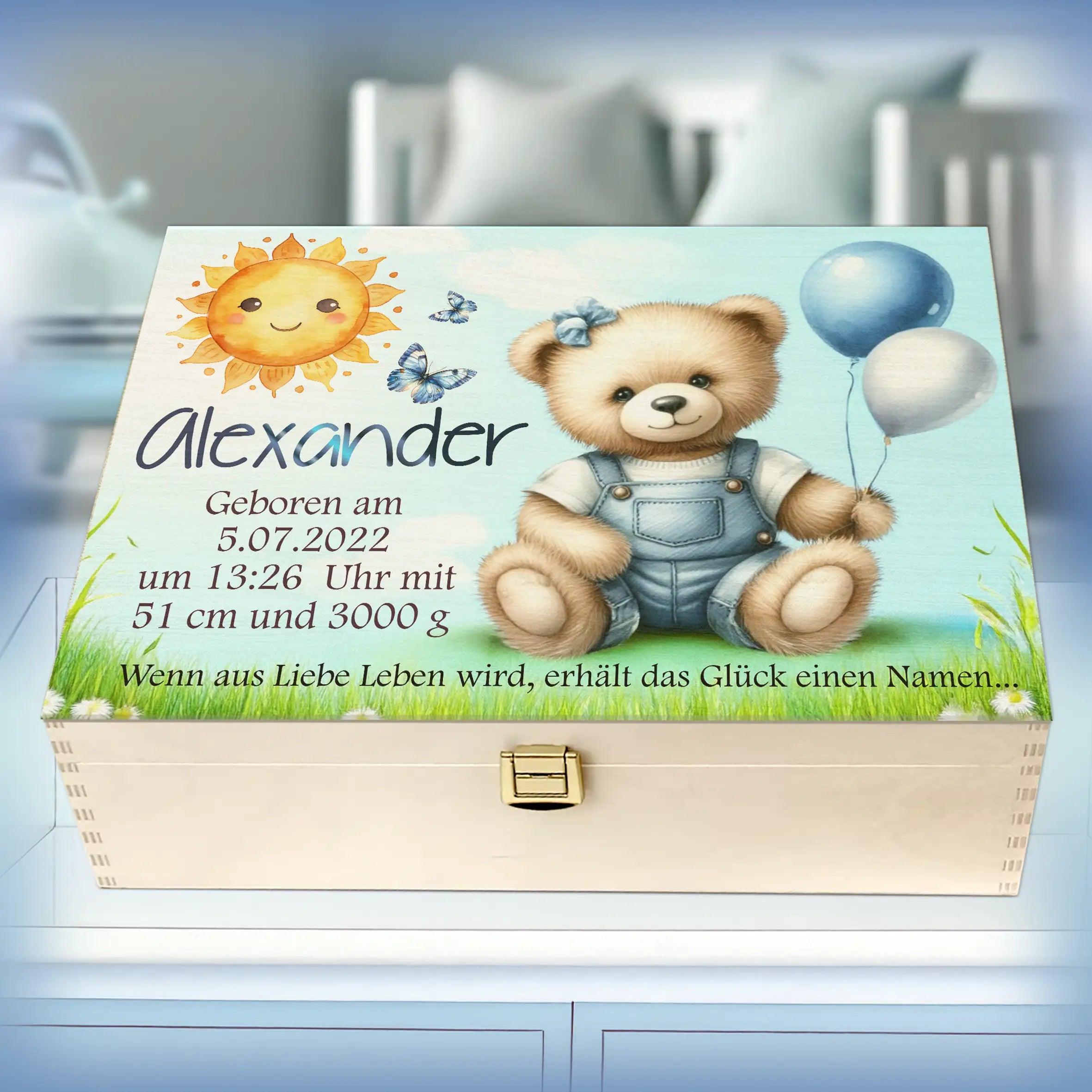 Personalisierte Holzbox Baby Junge mit Teddybär, Sonne, Ballons und Geburtsdaten