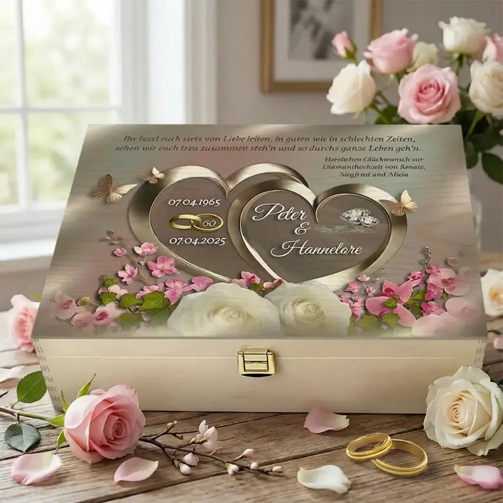 Personalisierte Holzbox zur Diamanthochzeit mit Gravur, Herzmotiv, Blumen und Eheringen