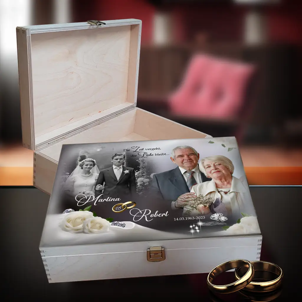 personalisierte Holzbox zur Diamanthochzeit mit Foto und Namen