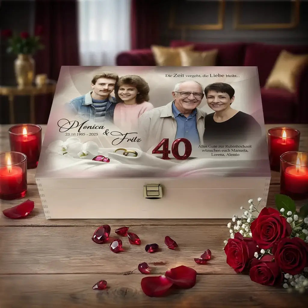 Personalisierte Holzbox zur Rubinhochzeit (40 Jahre) mit Fotodruck eines Ehepaares, Namen und Jubiläumszahl 40 auf dem Deckel. Die helle Holzbox steht auf einem Tisch, davor liegen rote Rosenblätter, im Hintergrund brennen rote Kerzen und ein Wohnzimmer ist unscharf zu sehen. Geschenkidee zum 40. Hochzeitstag.