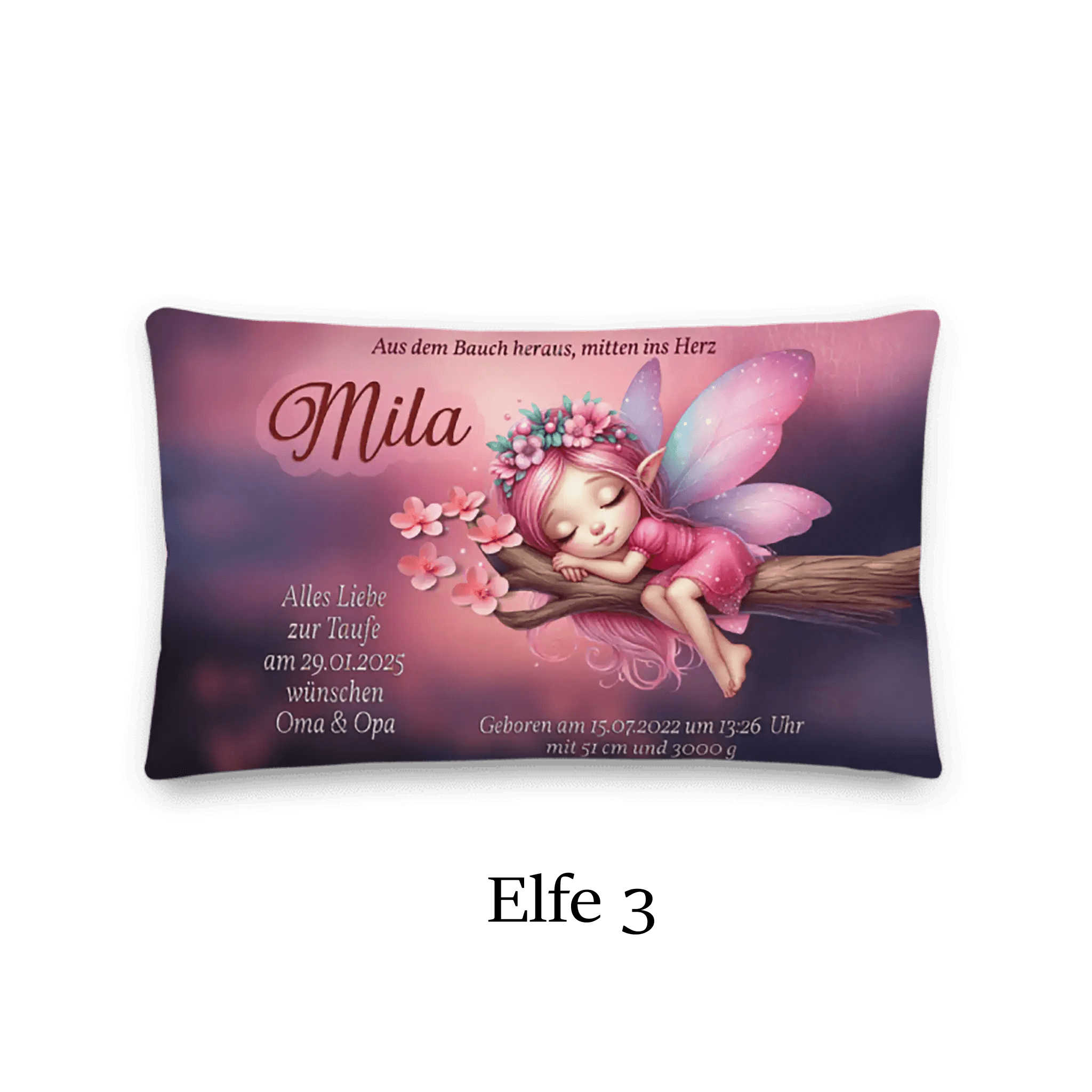 Personalisierbares Taufkissen mit schlafender Elfe, rosa Flügeln und Blumen auf Ast, Name Mila