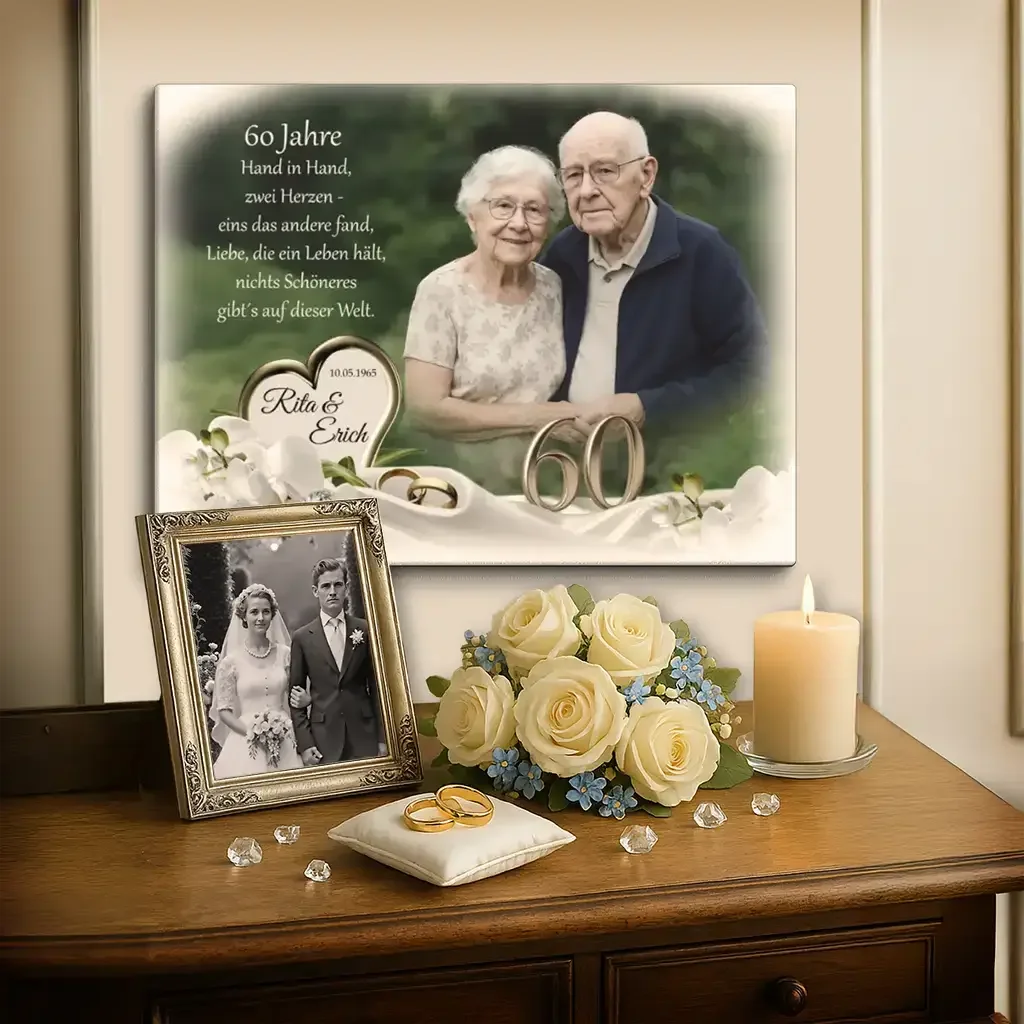 Leinwand Diamondhochzeit mit älterem Paar, goldenen Ringen, Rosenstrauß und Hochzeitsfoto