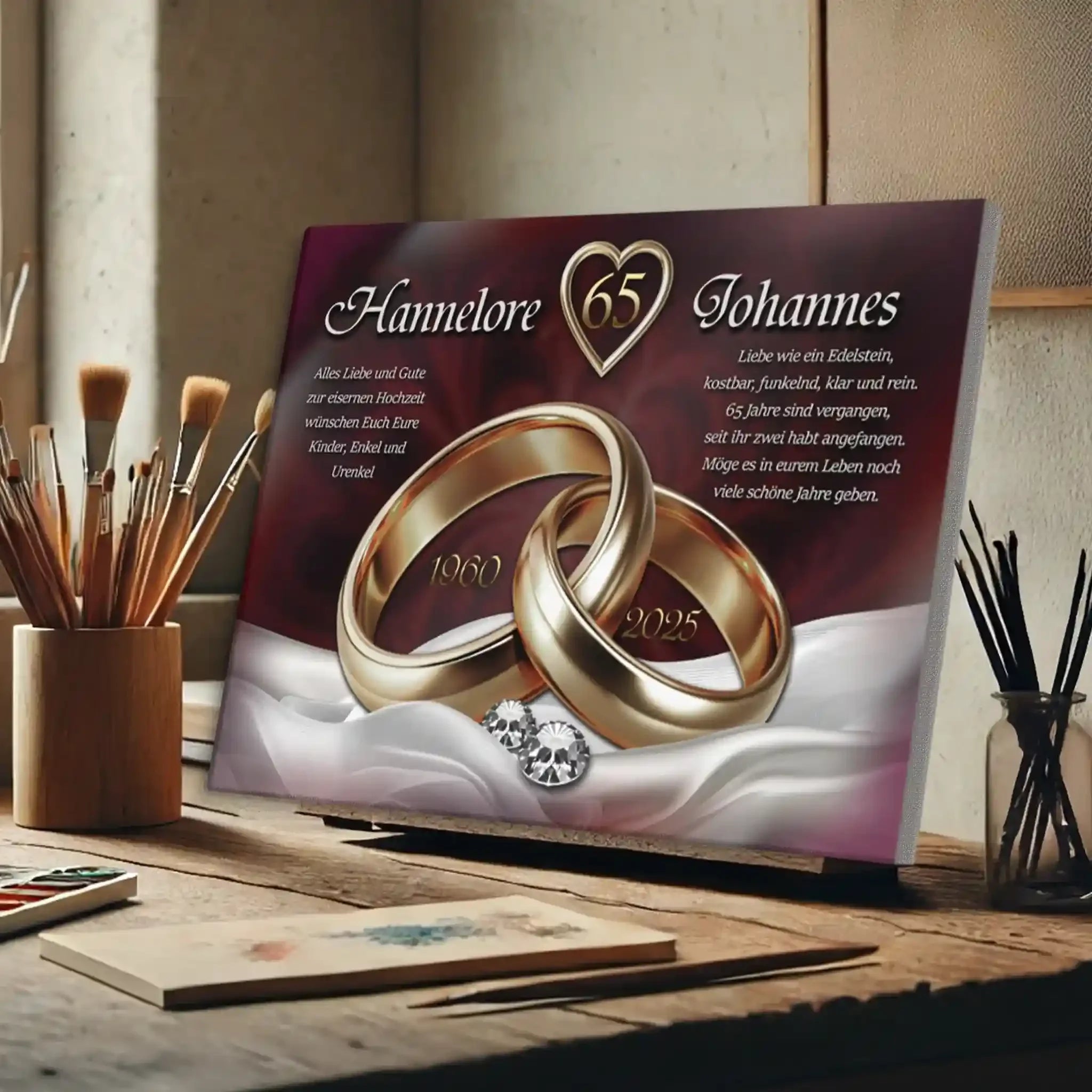 Personalisierte Leinwand zur Eisernen Hochzeit mit goldenen Ringen, Namen und Jubiläumszahl