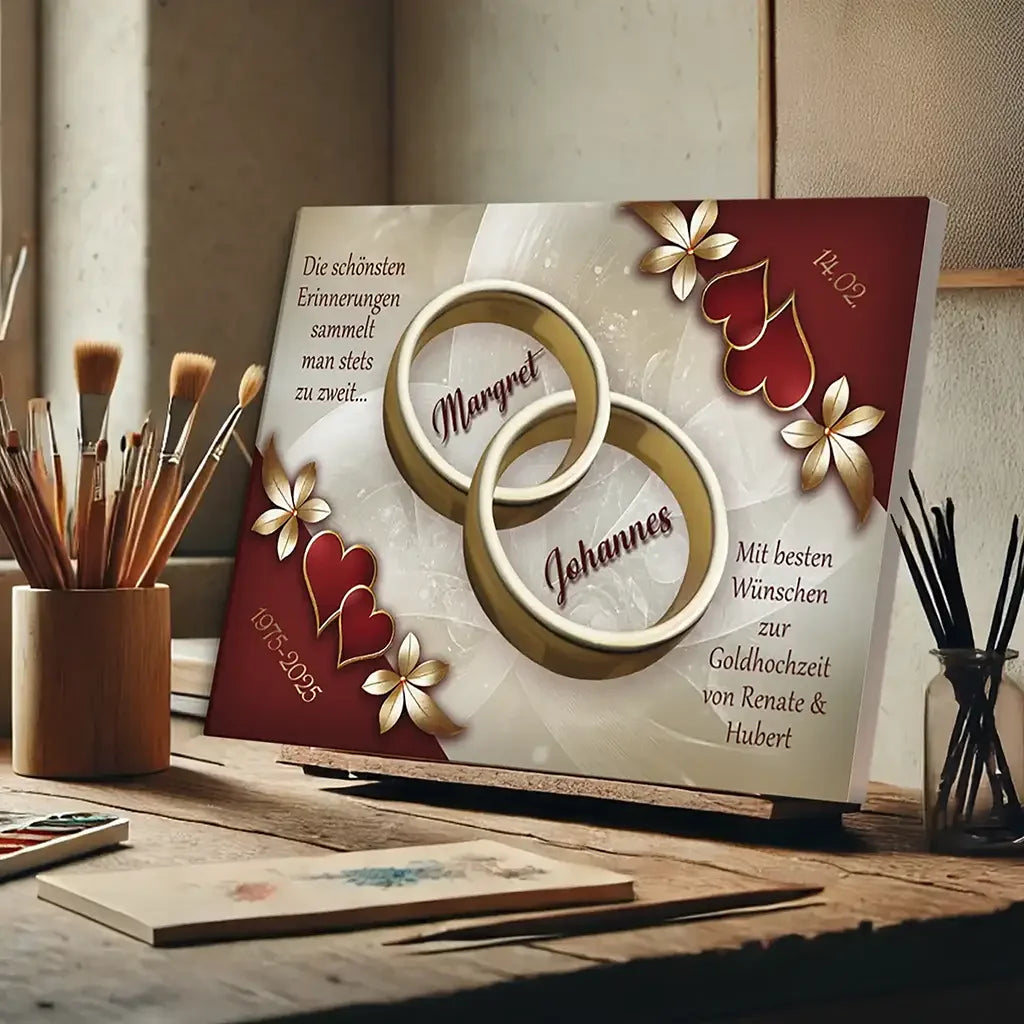 Personalisierte Leinwand Goldhochzeit mit goldenen Ringen, Blumen und Herzen als Geschenkidee