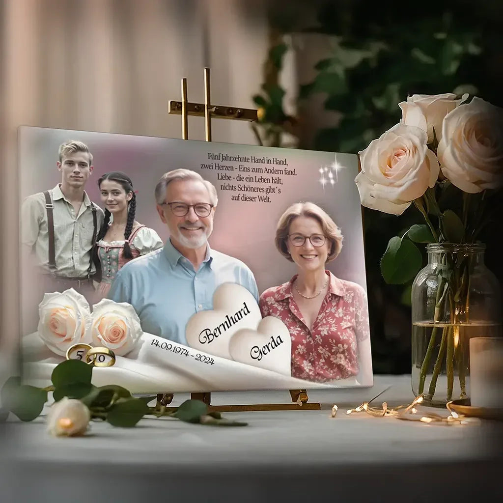 Personalisierte Leinwand Goldhochzeit mit Fotos, Namen, Rosen und goldenen Ringen als Deko.