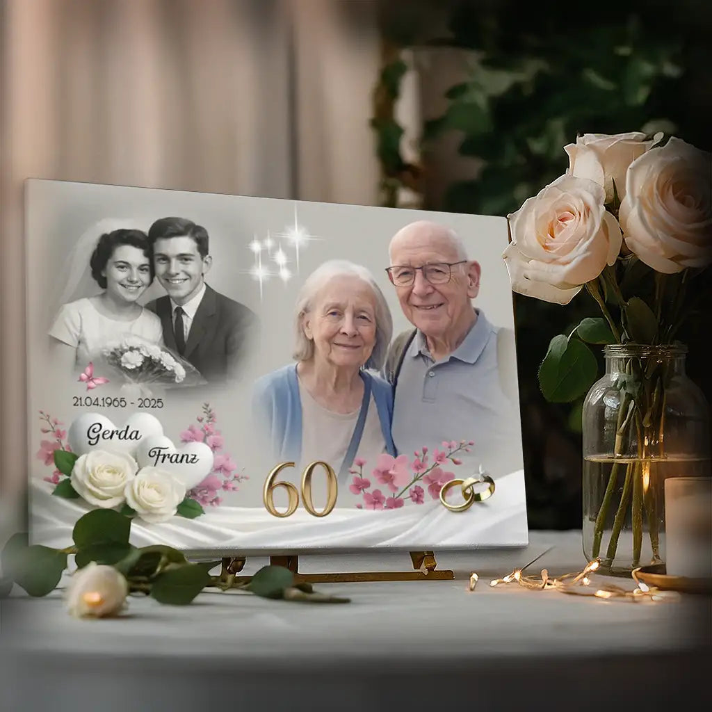 Romantische Leinwand zur Diamanthochzeit mit Vintage-Foto und Blumenmotiv