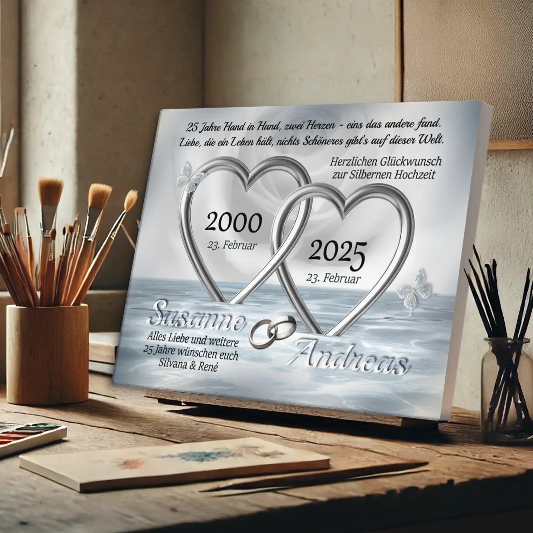 Leinwand Silberhochzeit Motiv mit silbernen Herzen, Namen, Daten und Glückwunschtext