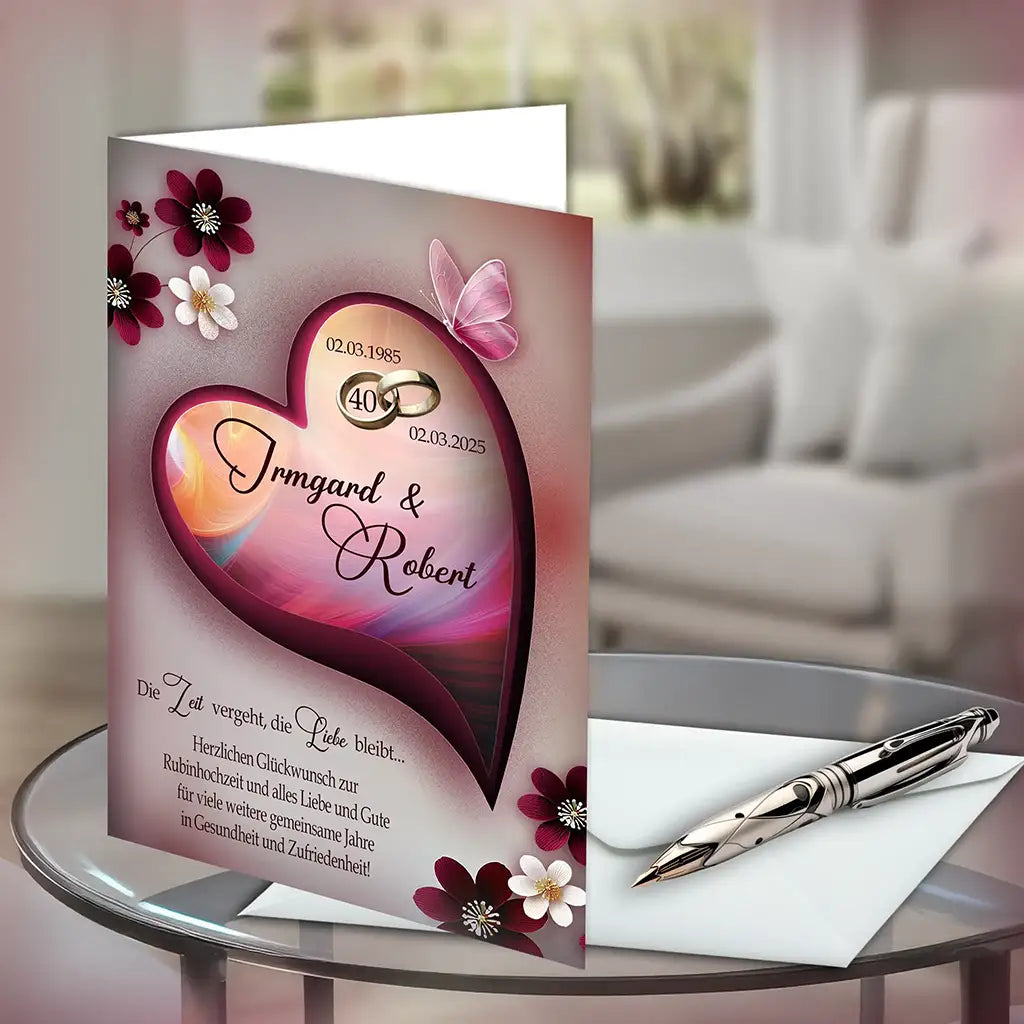 Rubinhochzeit Karte mit Herzmotiv, Blumen, Schmetterling und goldenen Ringen auf Tisch