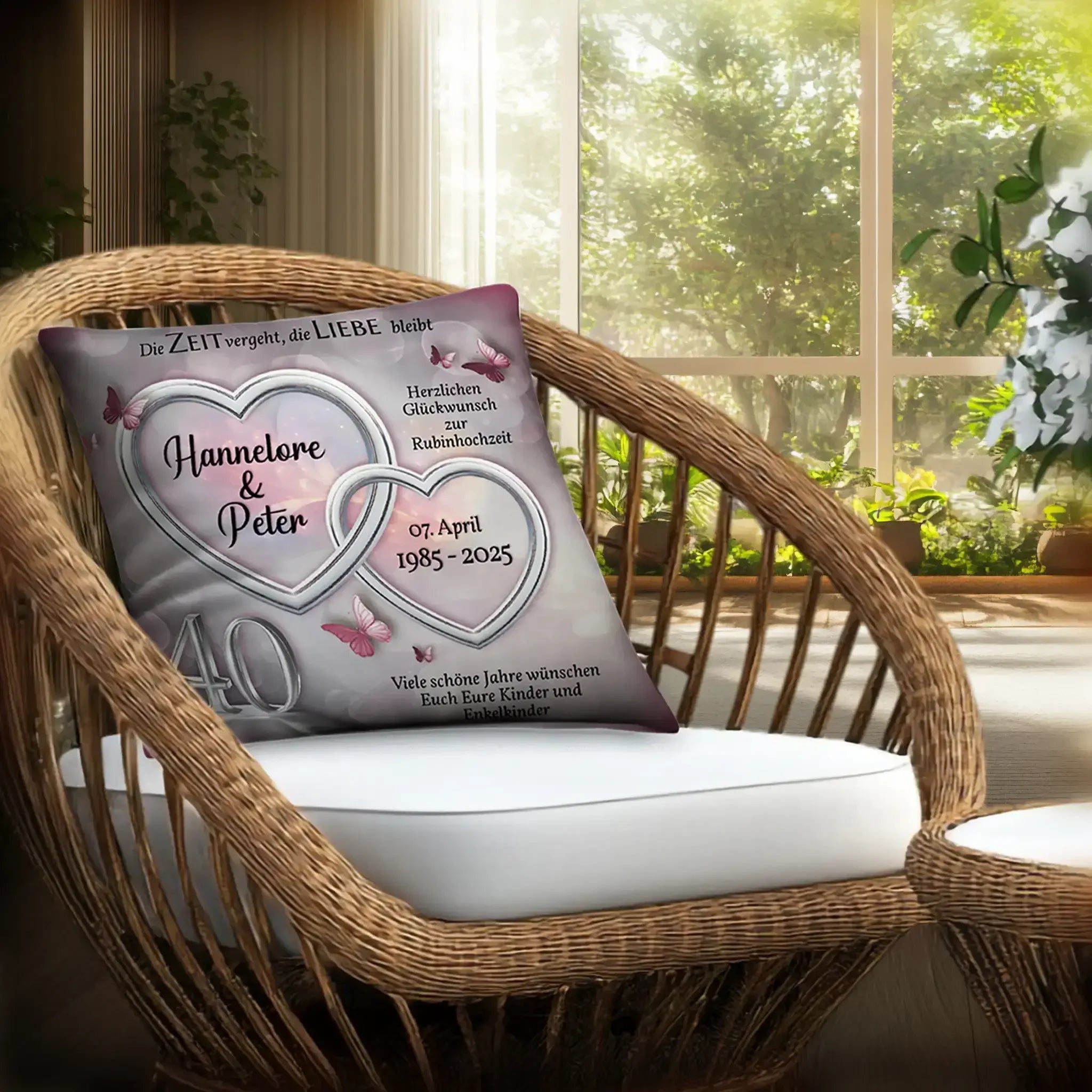 Rubinhochzeit Kissen mit Herzen und Schmetterlingen auf Rattanstuhl im hellen Wohnzimmer