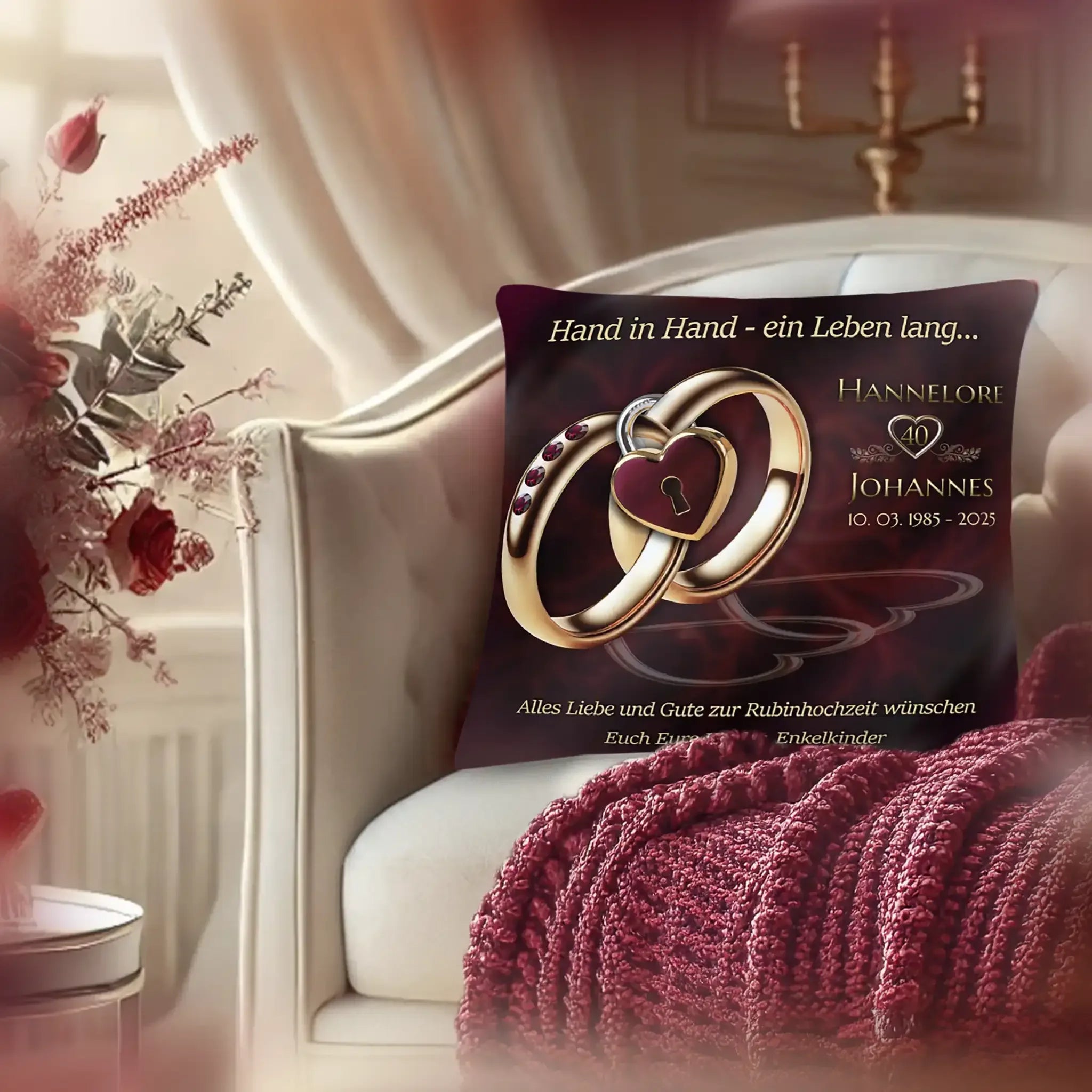 Personalisierte Rubinhochzeit Kissen mit zwei goldenen Ringen und Herz auf Sessel, Dekor