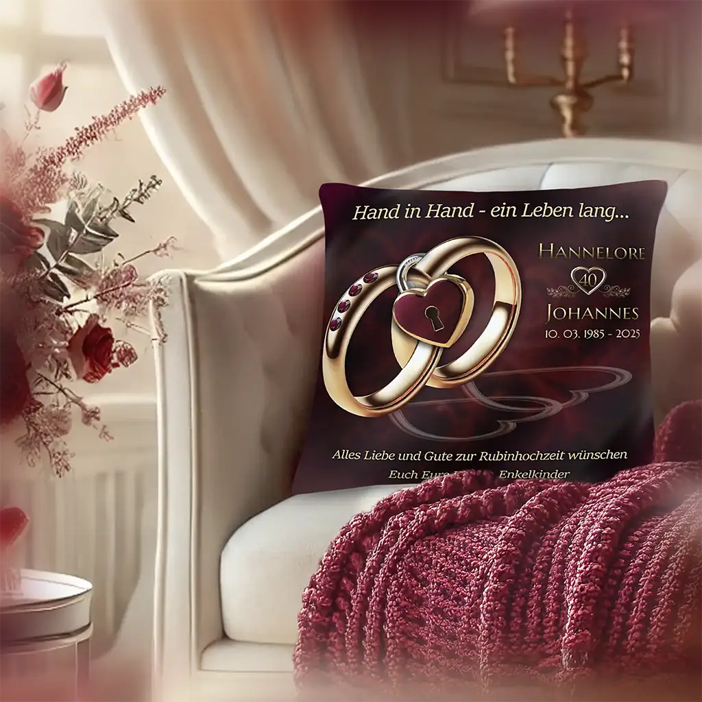 Personalisierte Rubinhochzeit Kissen mit zwei goldenen Ringen und Herz auf Sessel, Dekor