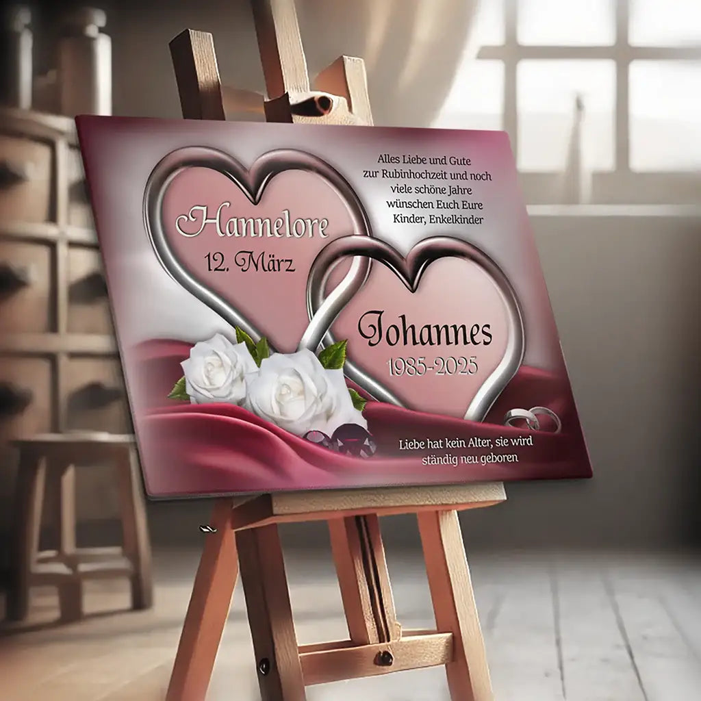 Leinwand zur Rubinhochzeit mit zwei silbernen Herzen, weißen Rosen und Personalisierung