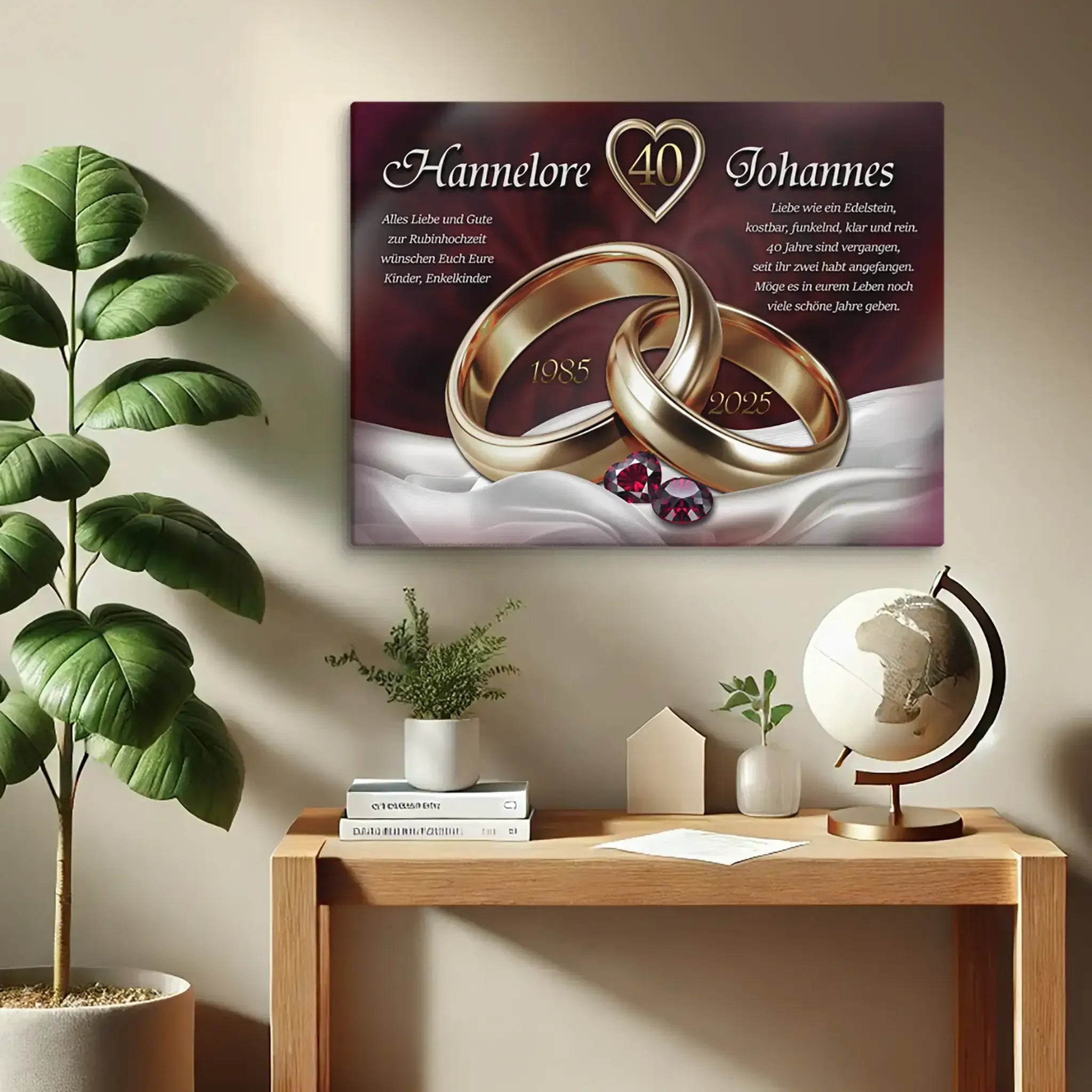Leinwand zur Rubinhochzeit mit goldenen Ringen, personalisierten Namen und weißem Tuch