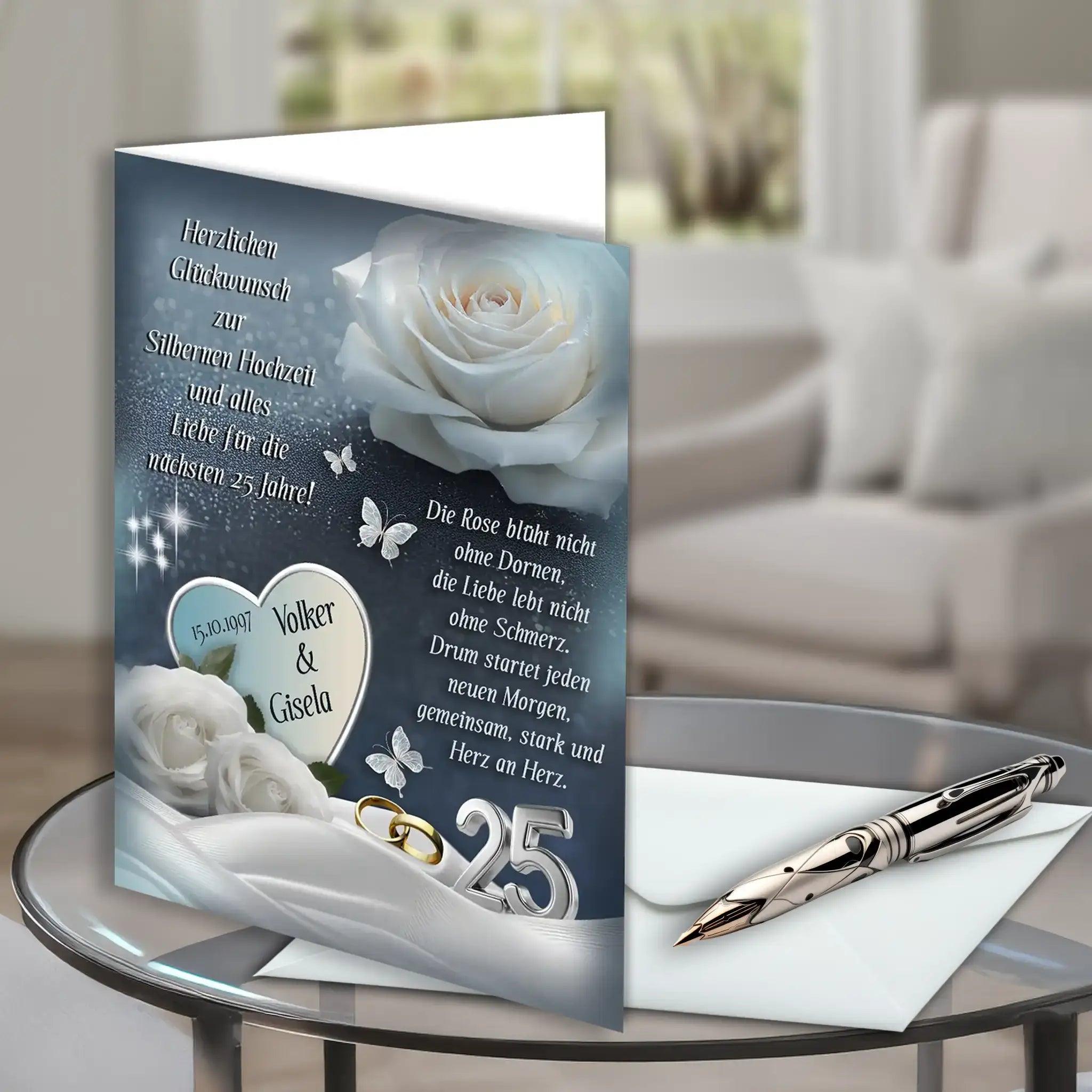 Grußkarte zur Silberhochzeit mit elegantem Design und personalisiertem Text