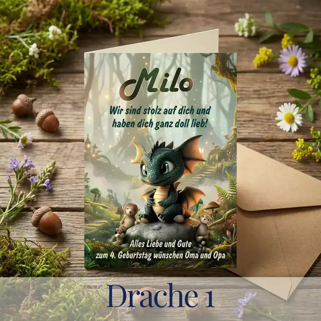 Geschenk zur Geburt oder Taufe – Personalisierte Babykarte mit süßem Drachen für Geburtstagsgrüße