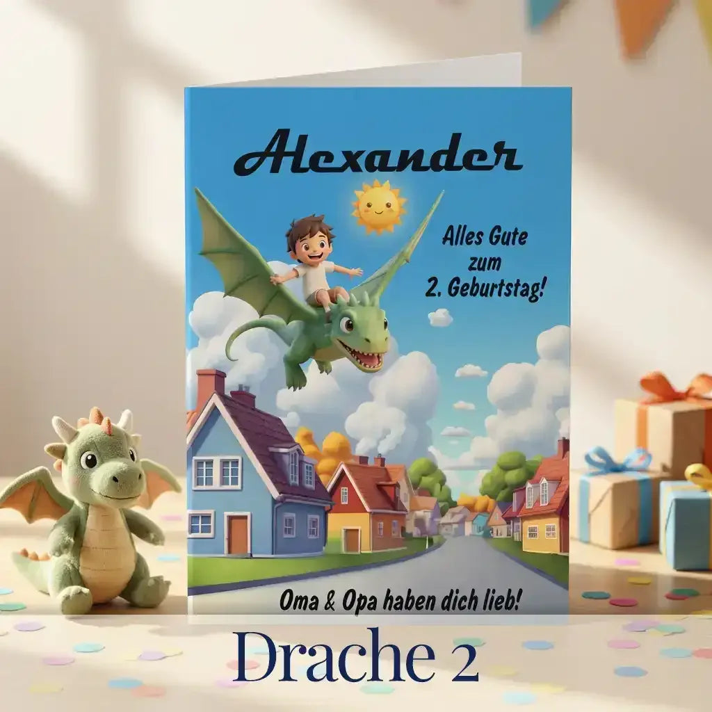 Personalisierte Baby-Grußkarte Drache 2: fröhlicher Junge reitet auf einem grünen Drachen über bunte Häuser – Geschenk zum 2. Geburtstag mit individuellem Namen und Widmung