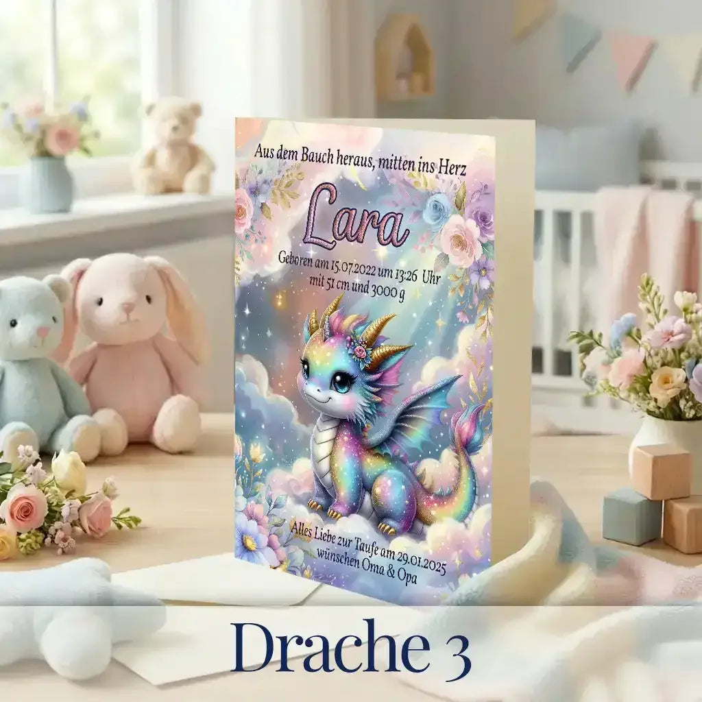 Personalisierte Babykarte Drache 3 für Mädchen mit magischem Drachen in Pastellfarben – Geburts- oder Taufkarte mit Namen, Geburtsdaten und Wunschtext, Geschenk zur Taufe von Oma und Opa.