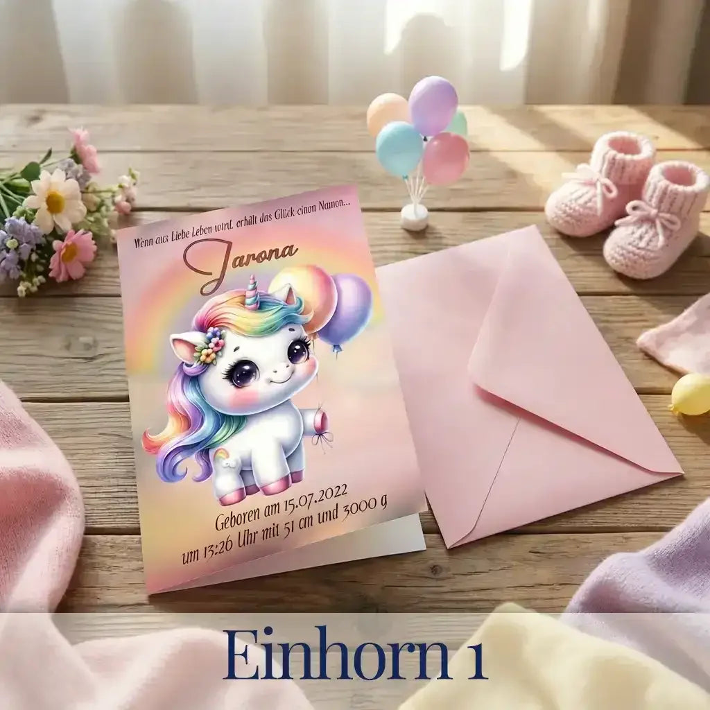 Geschenk zur Geburt oder Taufe - Personalisierte Babykarte mit Einhorn-Motiv und Blumen.