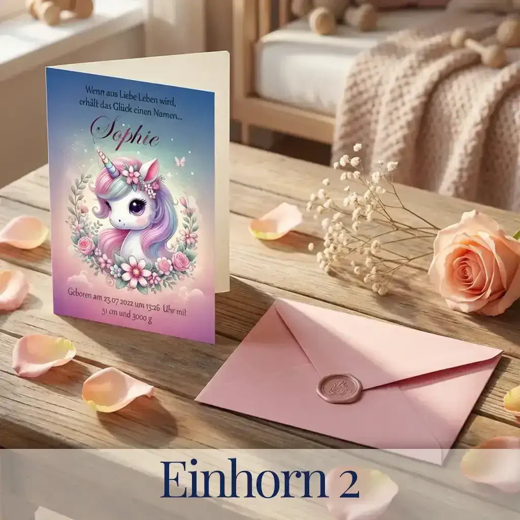 Geschenk zur Geburt oder Taufe - Personalisierte Babykarte mit Einhorn und rosa Briefumschlag