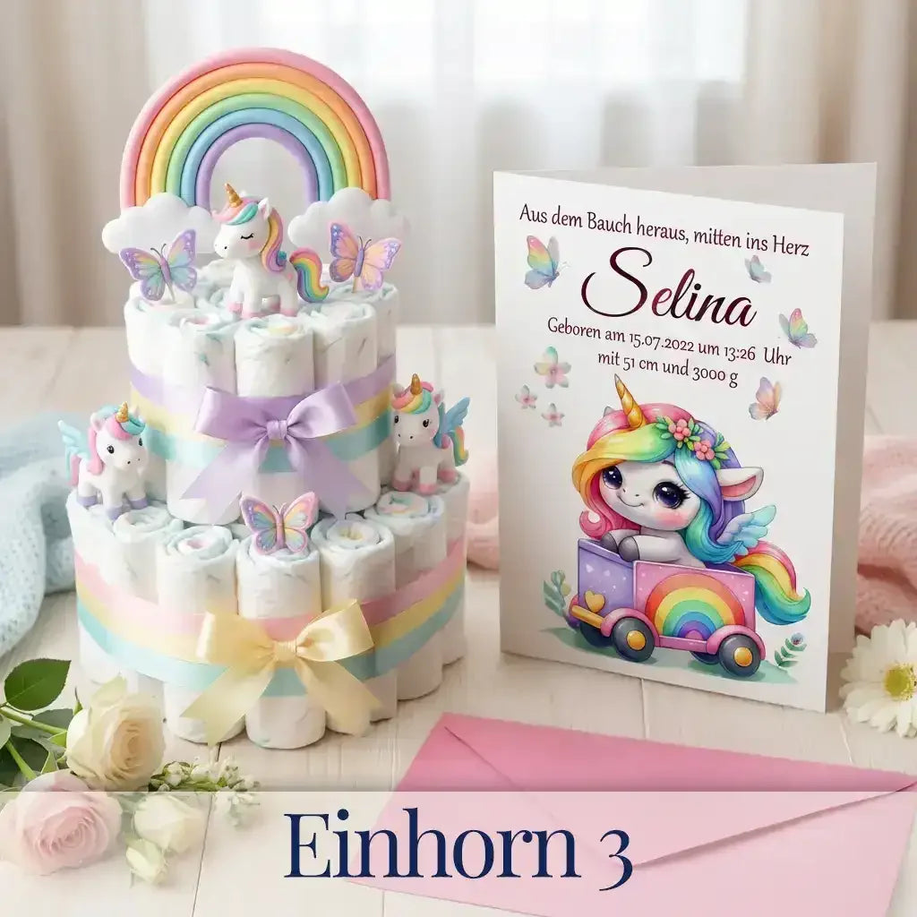 Geburtskarte mit Regenbogen-Einhorn – personalisierbares Fotogeschenk für Baby Mädchen – Name & Geburtsdaten