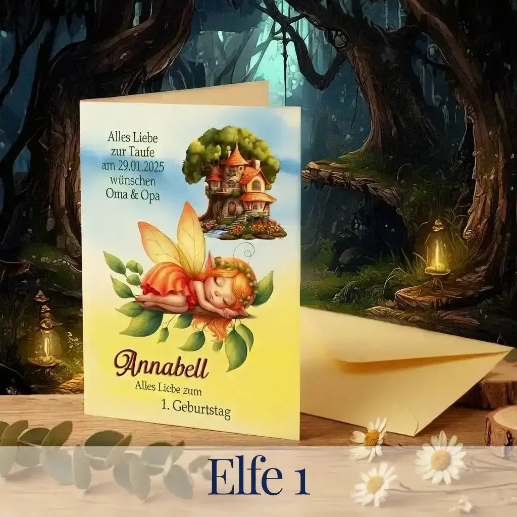 Personalisierte Grußkarte mit schlafender Baby-Elfe auf grünen Blättern, märchenhaftes Feenhaus im Hintergrund, Geschenk zur Taufe oder zum 1. Geburtstag, Name Annabell individuell anpassbar